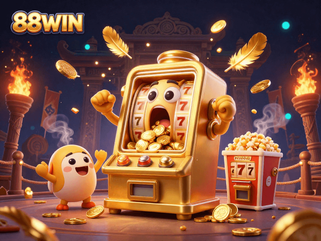 88WIN slot machines hit the jackpot with golden coins pouring out, celebrating an exciting casino scene.