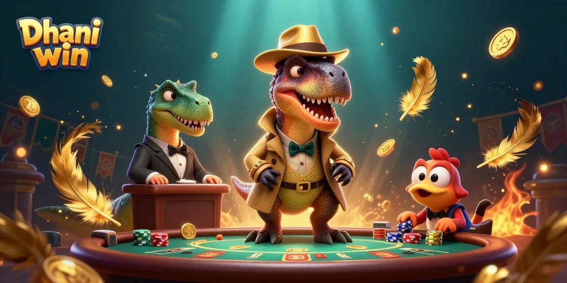 Dhani win gaming scene featuring a velociraptor card counter, a suspicious pit boss, and a sneaky compy pickpocket amidst a bustling casino.