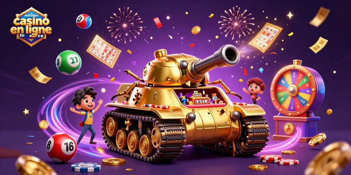 Venez découvrir le meilleur casino en ligne France avec un tank à scarabée doré déployant un mini-casino.