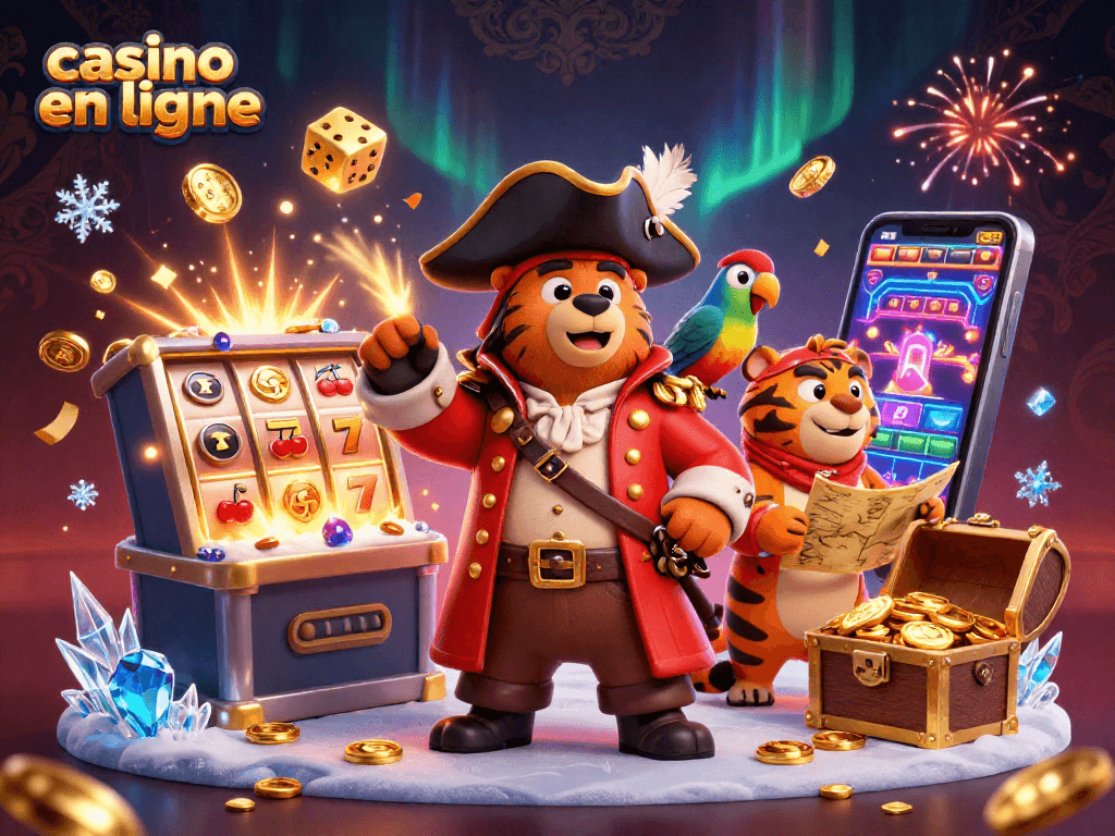 Découvrez casino en ligne avec un ours capitaine et un tigre compagnon entourés de machines à sous et de trésors