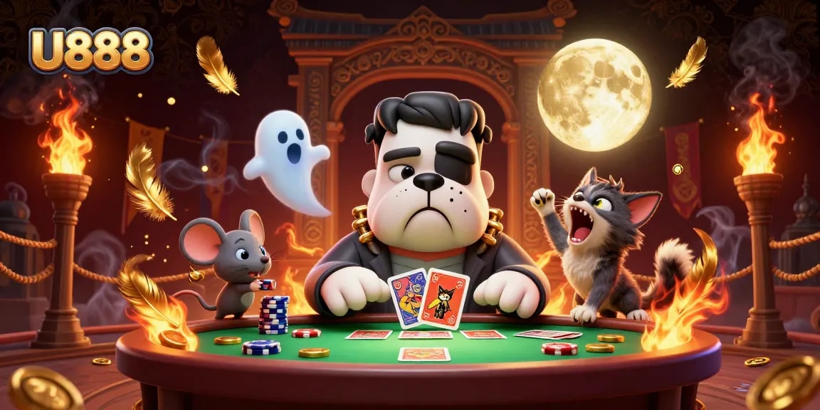 Enjoy thrilling games at U888 with a spooky atmosphere, card dealing, and floating ghost mouse.