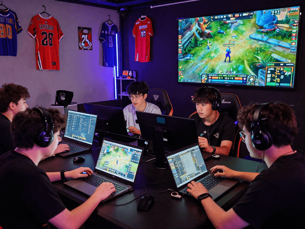 Engaged gamers analyzing data for 롤토토 in an esports lounge, vibrant atmosphere.