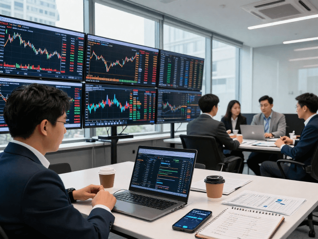 KOSPI index trading scene in a modern financial environment with traders analyzing charts.