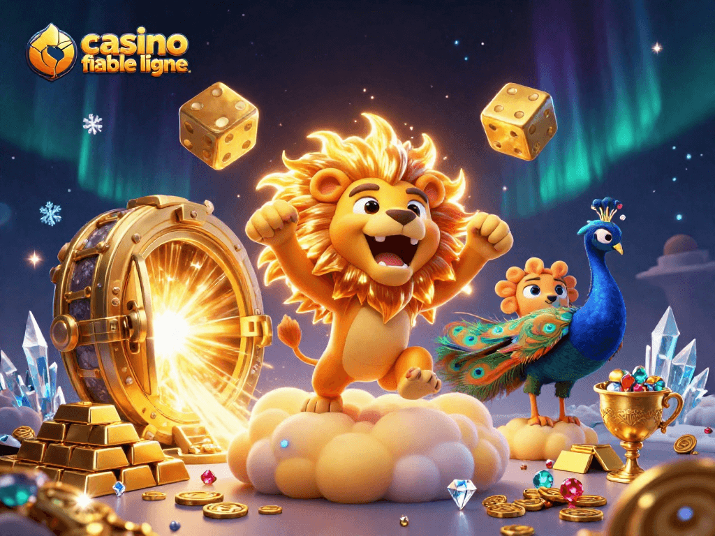 Vivez l'excitation d'un casino fiable en ligne avec un lion, des dés dorés et des trésors lumineux.