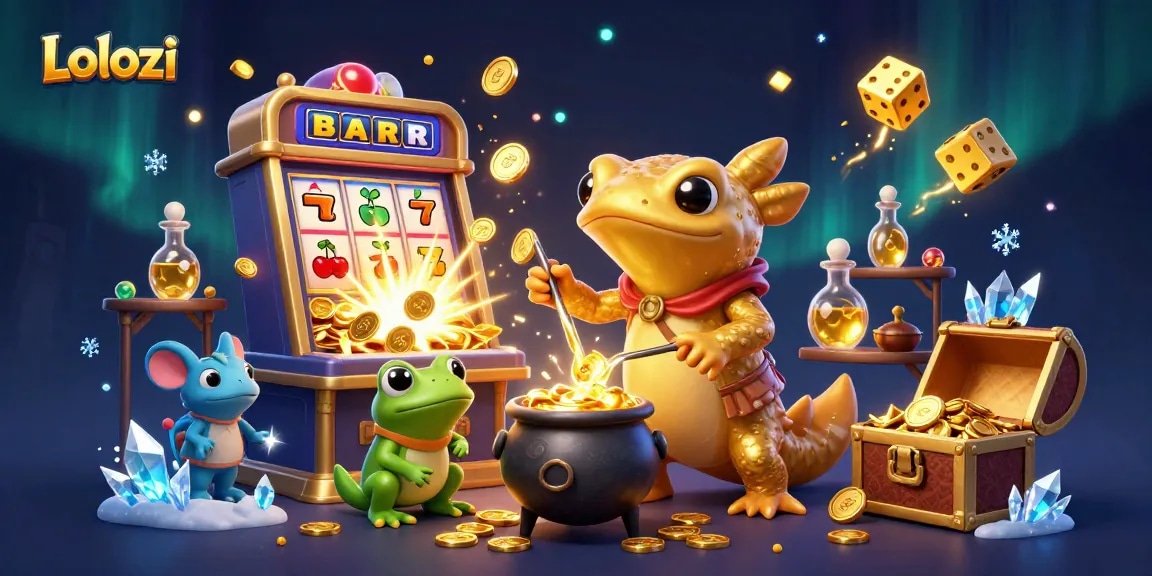 Lolozi showcases a magical scene of a golden salamander alchemist and friends celebrating a jackpot explosion.