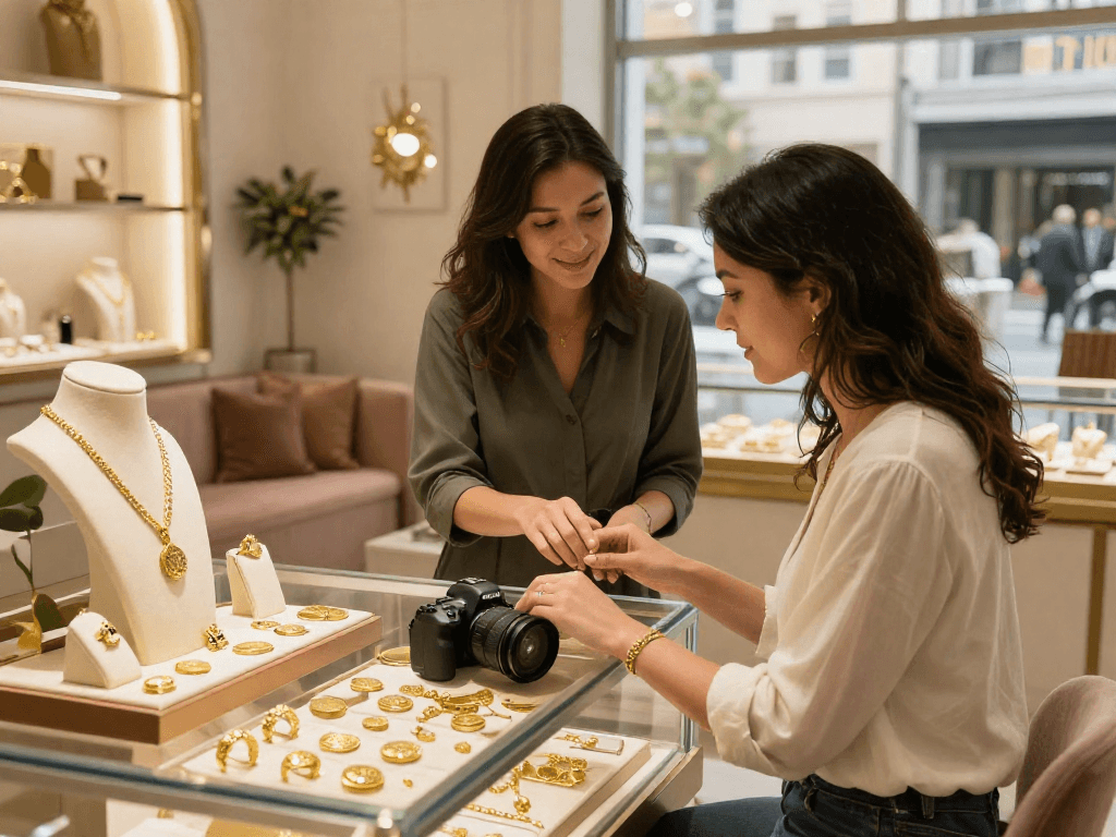 mantra88 login - Jewelry associate assisting a customer in a gold shop, showcasing elegant gold rings and necklaces.