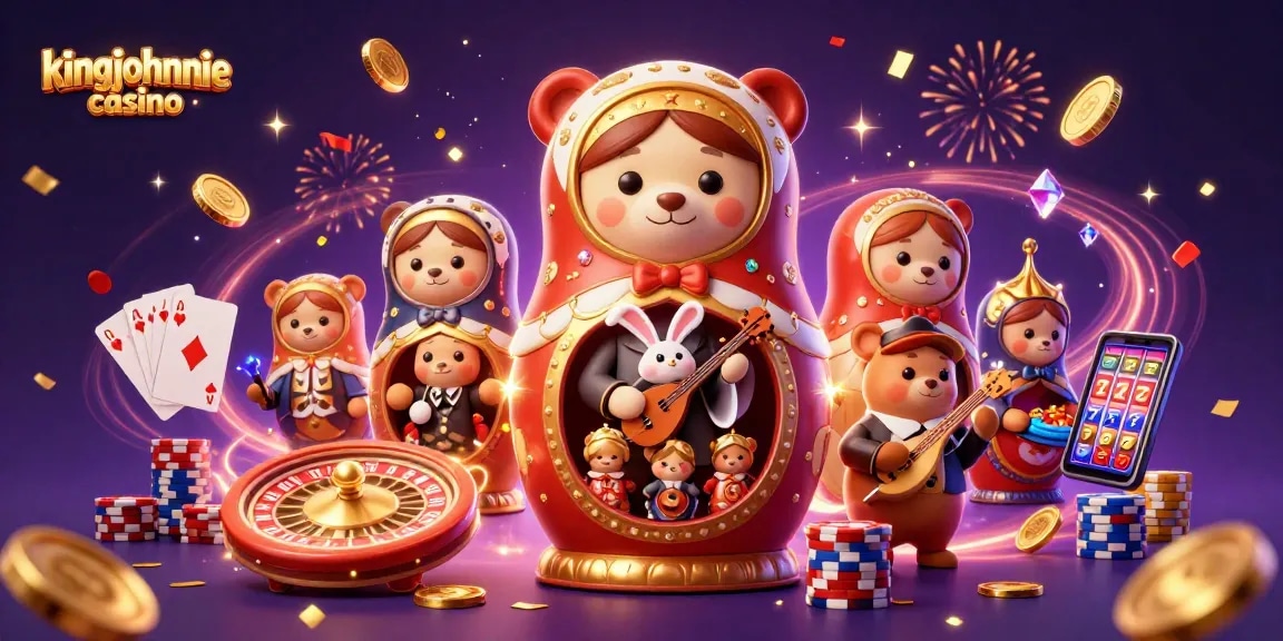 Experience the excitement of kingjohnnie casino with vibrant bears and confetti in this captivating casino scene.