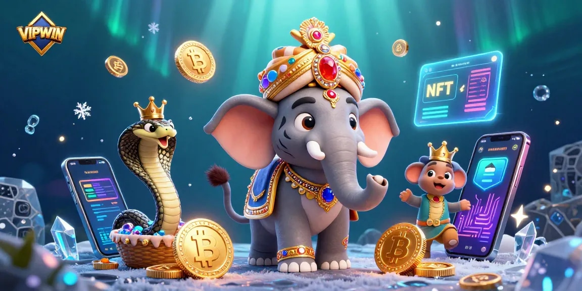 Experience thrilling gaming at VIPWIN with a dynamic illustration of a maharaja tiger, elephant, and cobra surrounded by crypto coins.