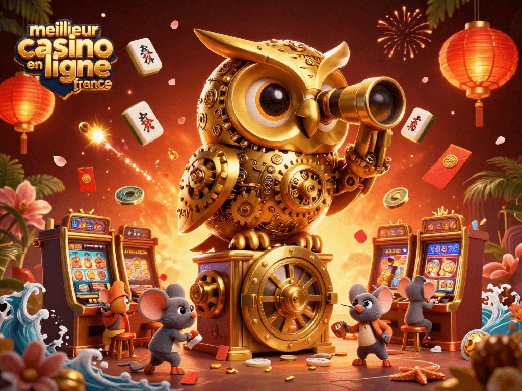 Jouer au meilleur casino en ligne France avec des machines à sous en or et des dessins animés colorés.