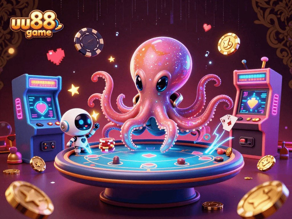uu88game showcases an alien octopus dealing poker with vibrant 3D arcade elements and neon effects.