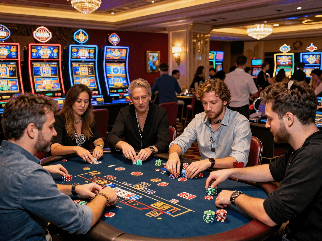 Scène de casino en ligne avec joueurs profitant d'une ambiance animée et de machines à sous modernes.