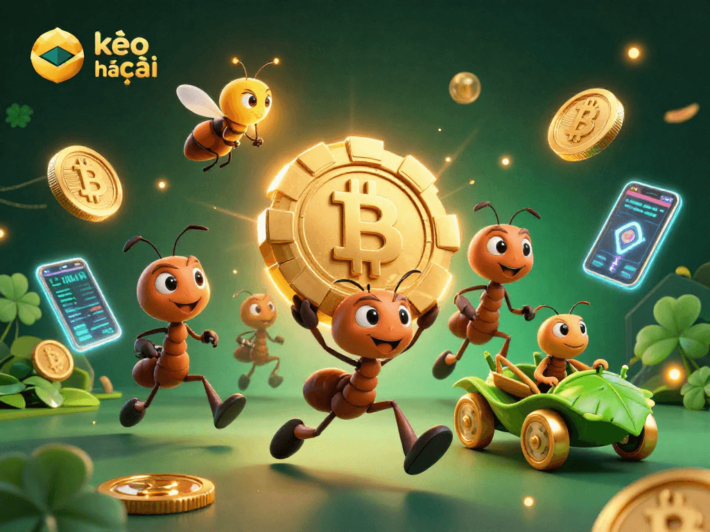 Place bets with kèo nhà cái in a thrilling 3D heist scene featuring ants and crypto elements.