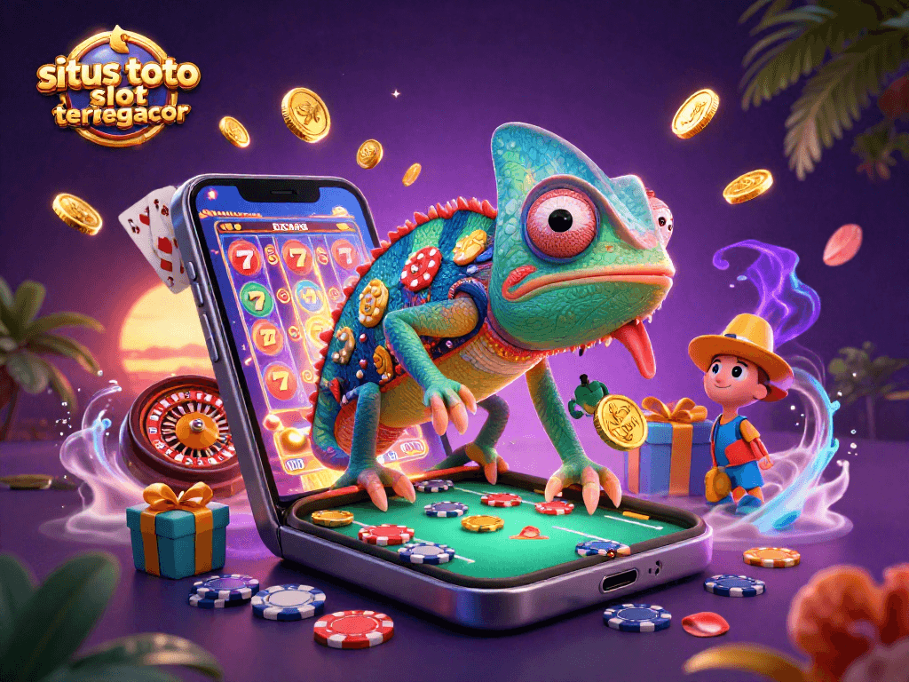 Experience exciting wins at situs toto slot tergacor with a vibrant 3D casino scene featuring a chameleon casino owner.