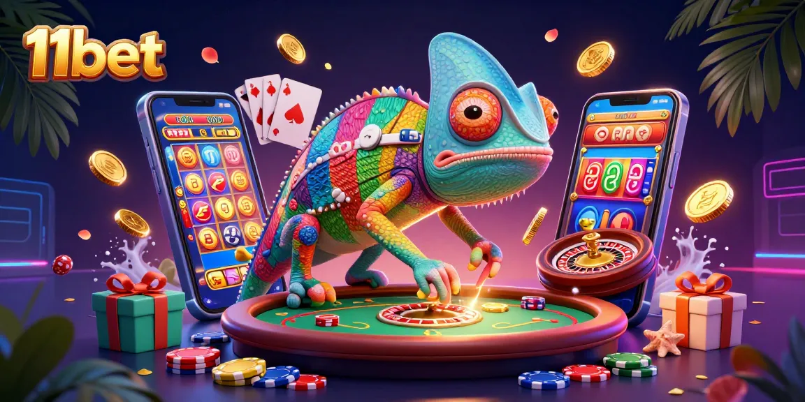 Engage in thrilling casino activities with 11bet's vibrant 3D chameleon illustration.