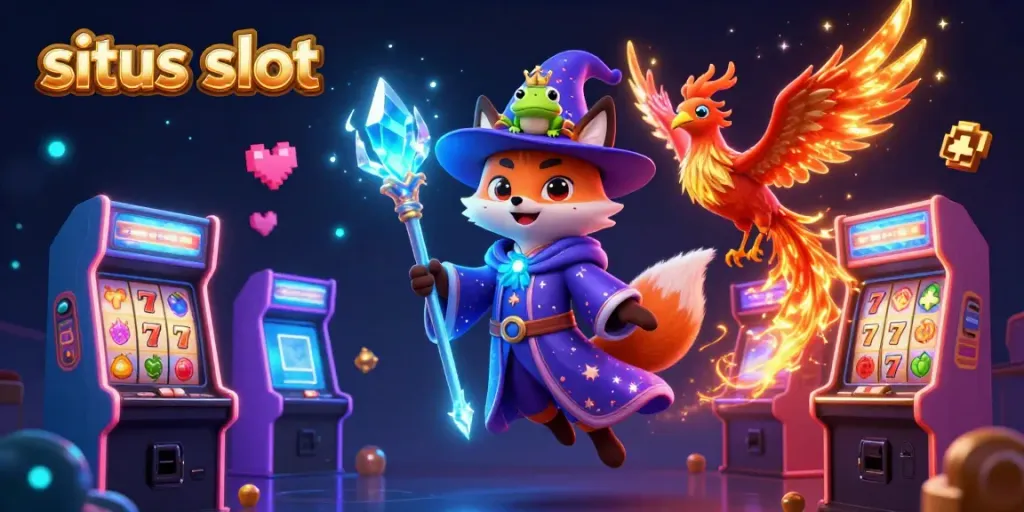 Engage in exciting situs slot gameplay with a wizard fox and phoenix in a vibrant casino setting.