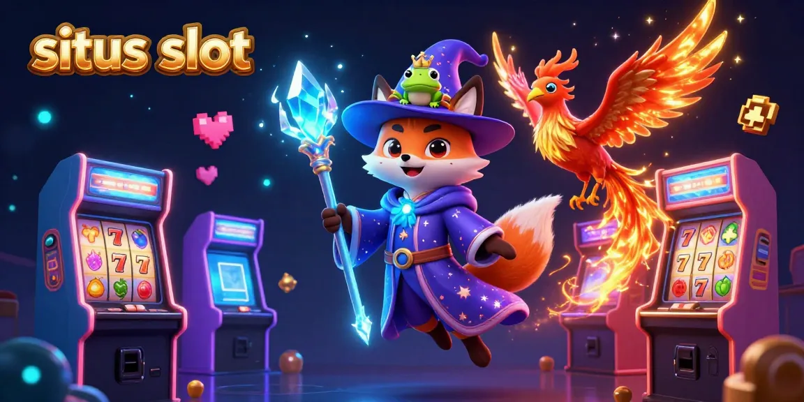 Engage in exciting situs slot gameplay with a wizard fox and phoenix in a vibrant casino setting.