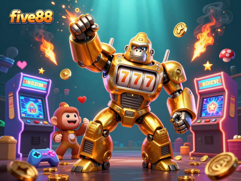 Experience thrilling five88 gaming adventures with a golden gorilla mech and arcade elements.