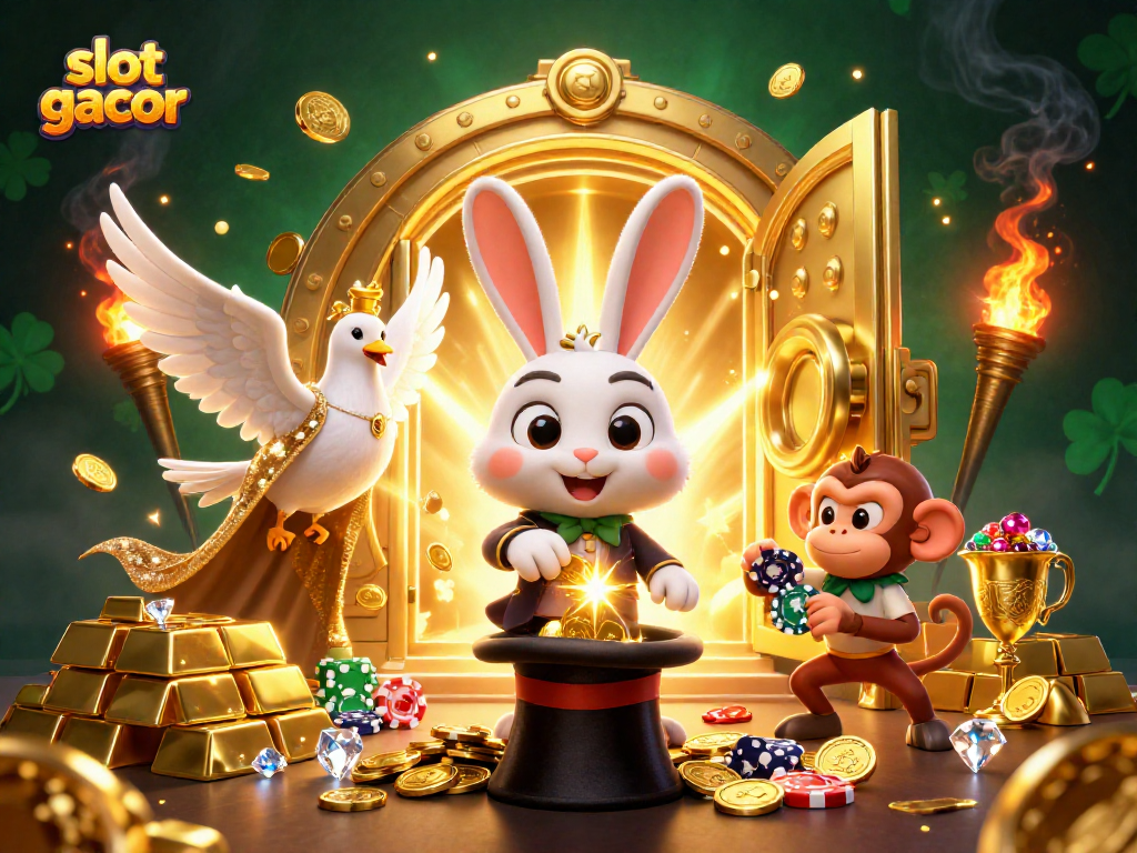 Slot gacor: Menarik perhatian dengan koin emas, simbol jackpot, dan efek magis dalam ilustrasi kasino.