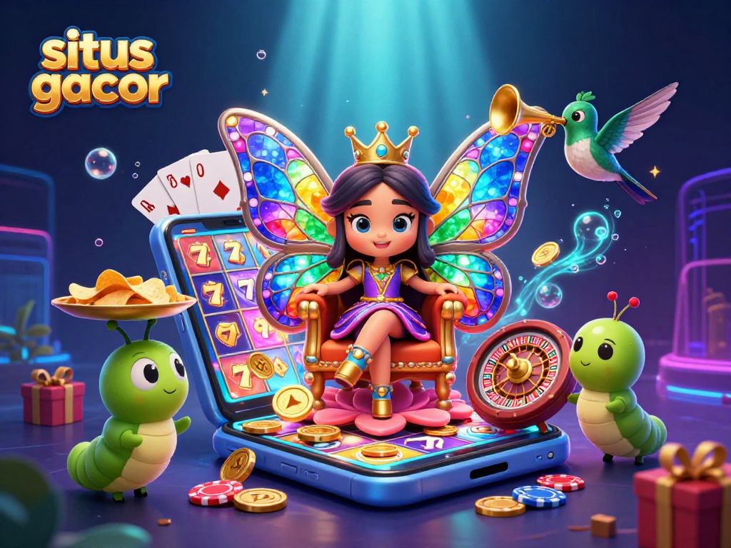 Spin colorful slot games with situs gacor, featuring a cartoon butterfly queen and vibrant casino elements.