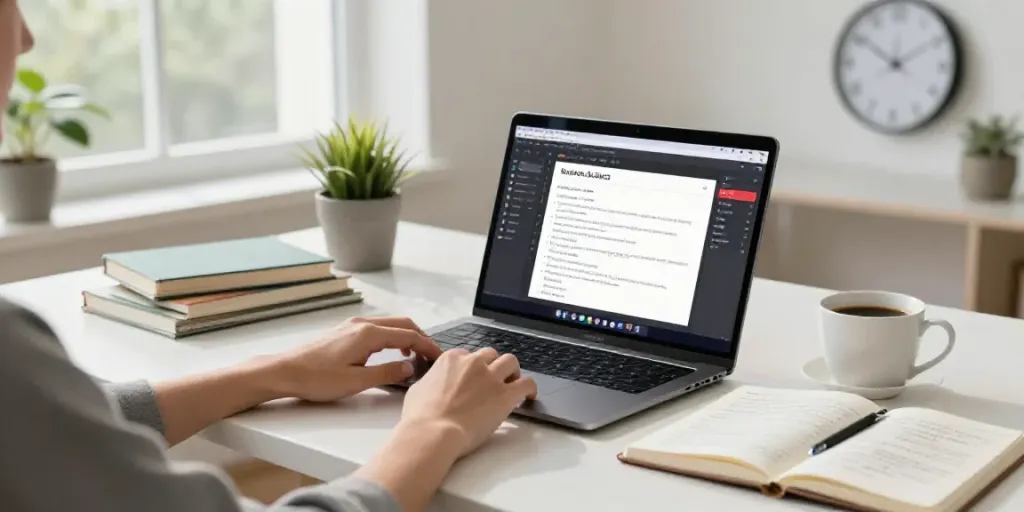 Creating opinion articles with AI in a modern writing workspace, featuring a laptop and inspiring environment.