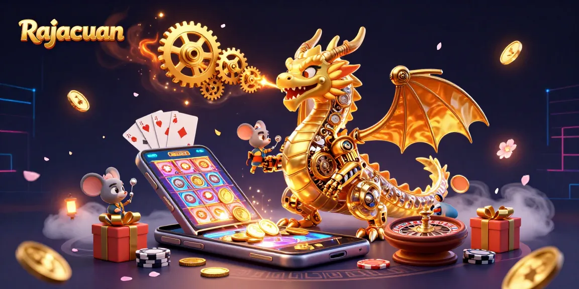 Engage with Rajacuan's vibrant gaming universe featuring a golden dragon amidst slot games and poker action.
