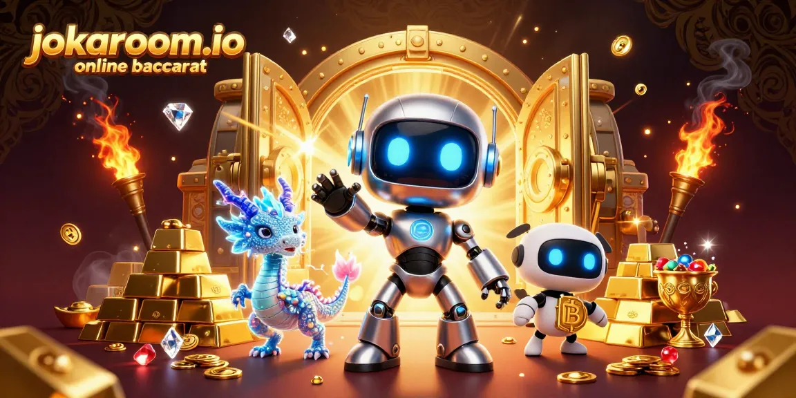 Experience the thrill of jokaroom.io online baccarat with a dynamic illustration featuring a futuristic robot and treasure elements.