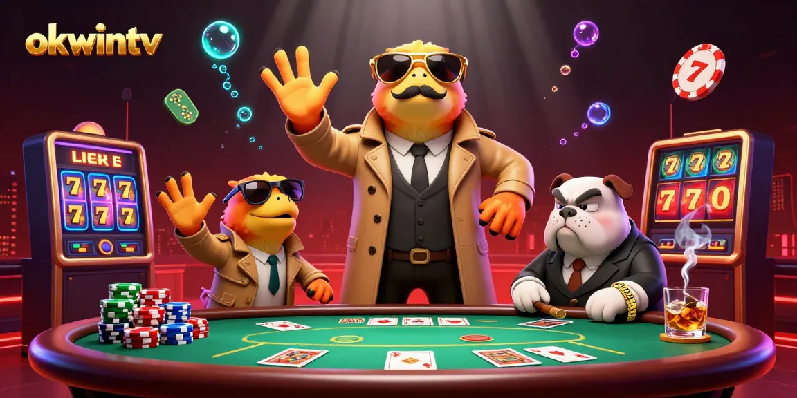 Bet and win at okwintv with engaging 3D casino illustration featuring raptors at a poker table.