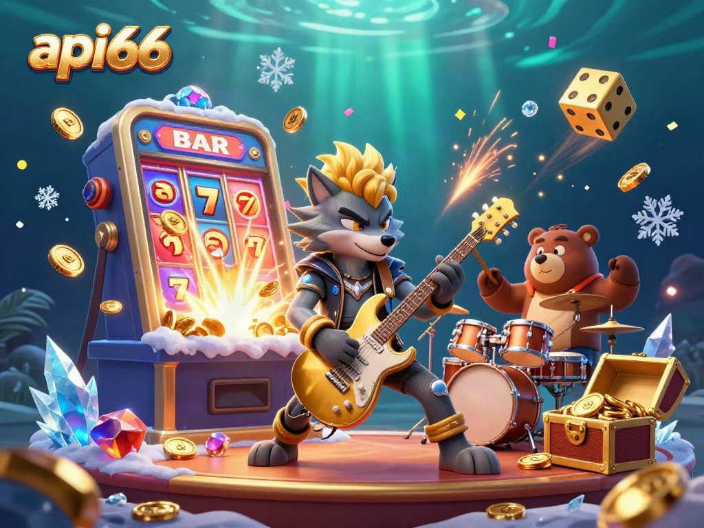 Experience thrilling gameplay action at api66 with a vibrant casino scene featuring a rock star wolf and jackpot elements.