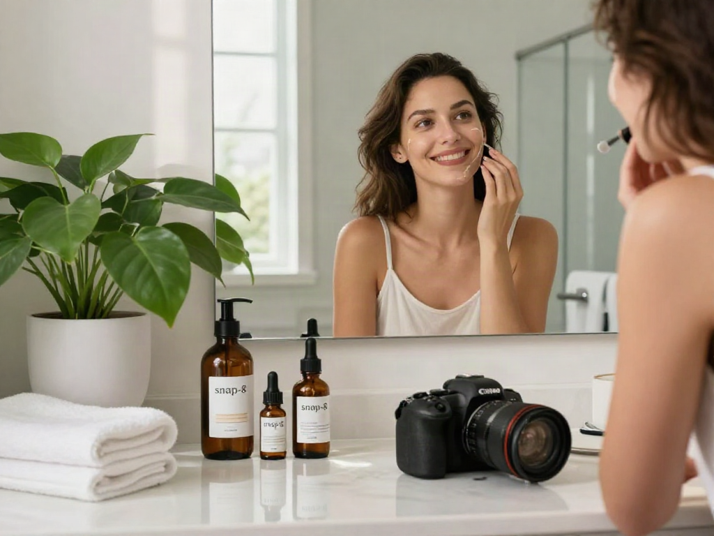 Woman applying skincare with snap-8 serum in a serene bathroom environment.
