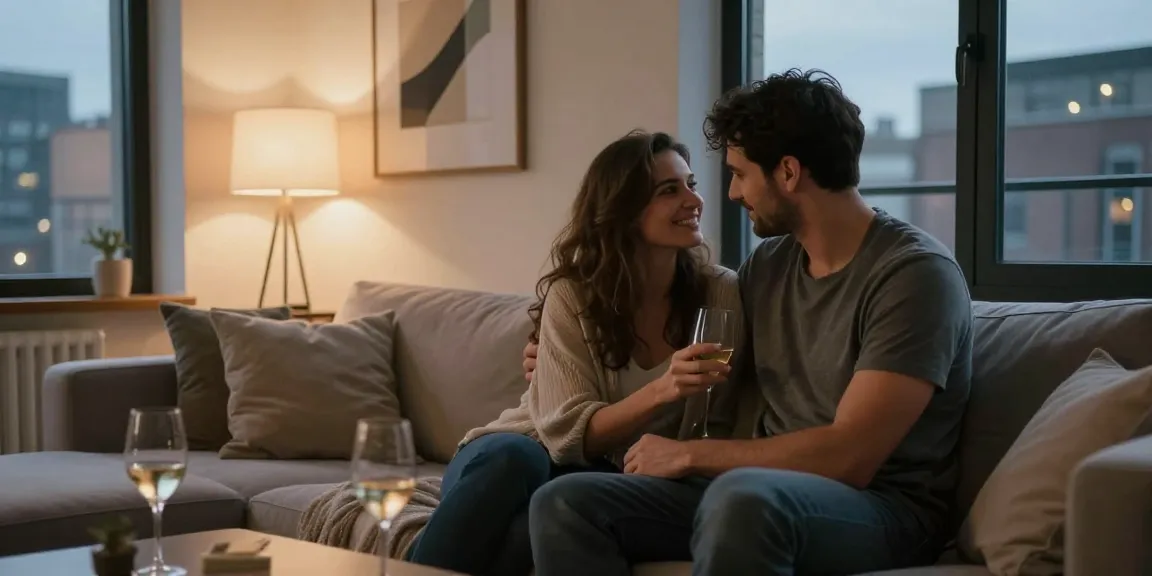 Romantic adult scene showcasing سكس زنوج with intimate couple in stylish urban apartment.