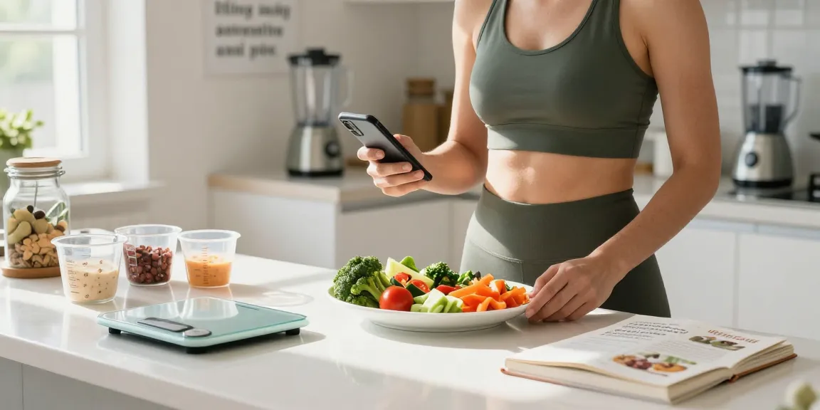 Using the best macro tracking app to log nutrition while preparing a healthy meal with fresh ingredients.