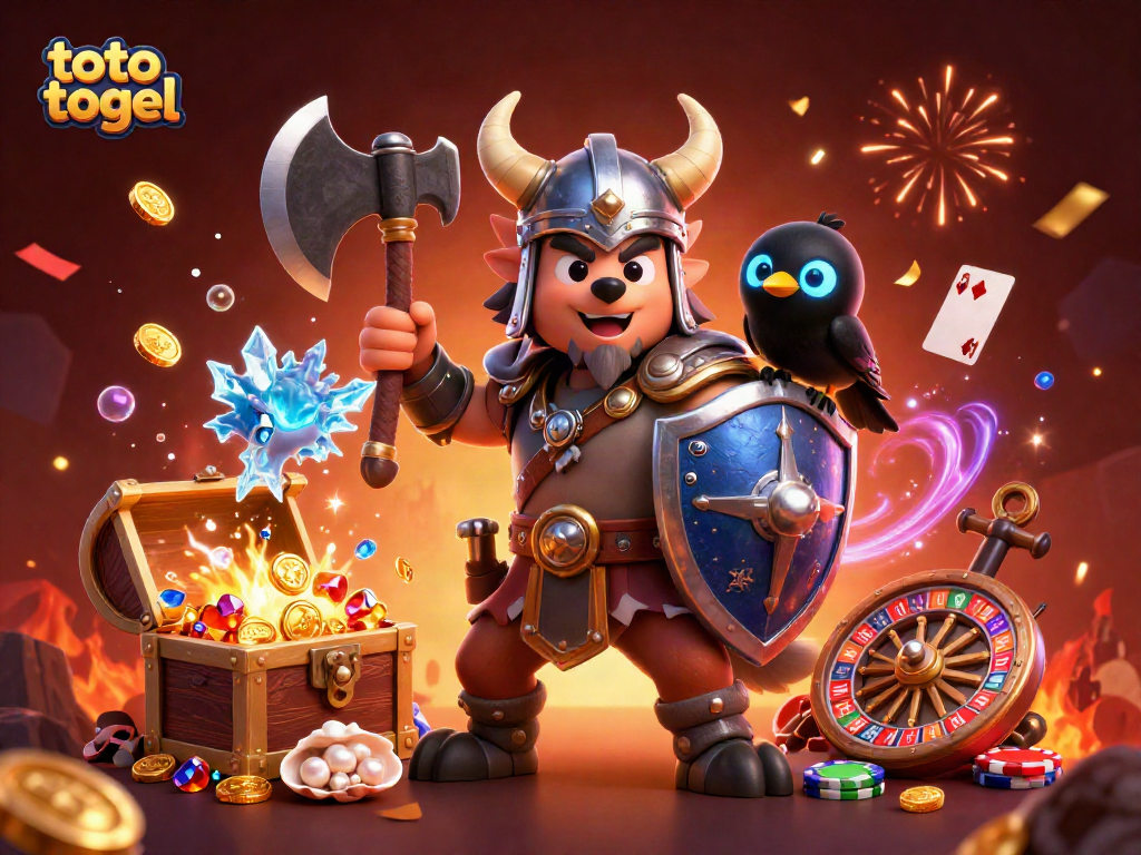 Engage in thrilling toto togel action with 3D Viking wolf warrior and fierce dragon amidst casino elements.