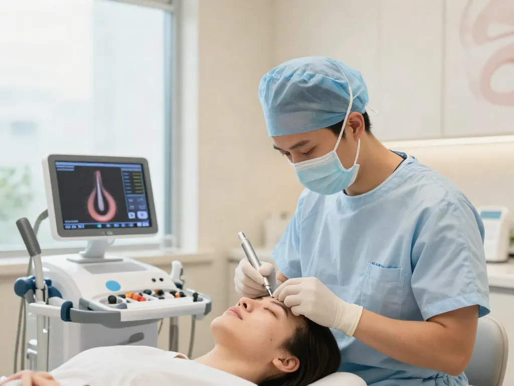 Hair Transplant procedure in a modern aesthetic clinic with surgeon and patient.