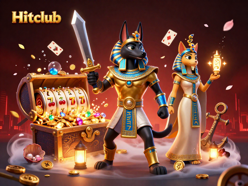 Hitclub slots adventure with Anubis warrior, Bastet, and vivid gambling elements.