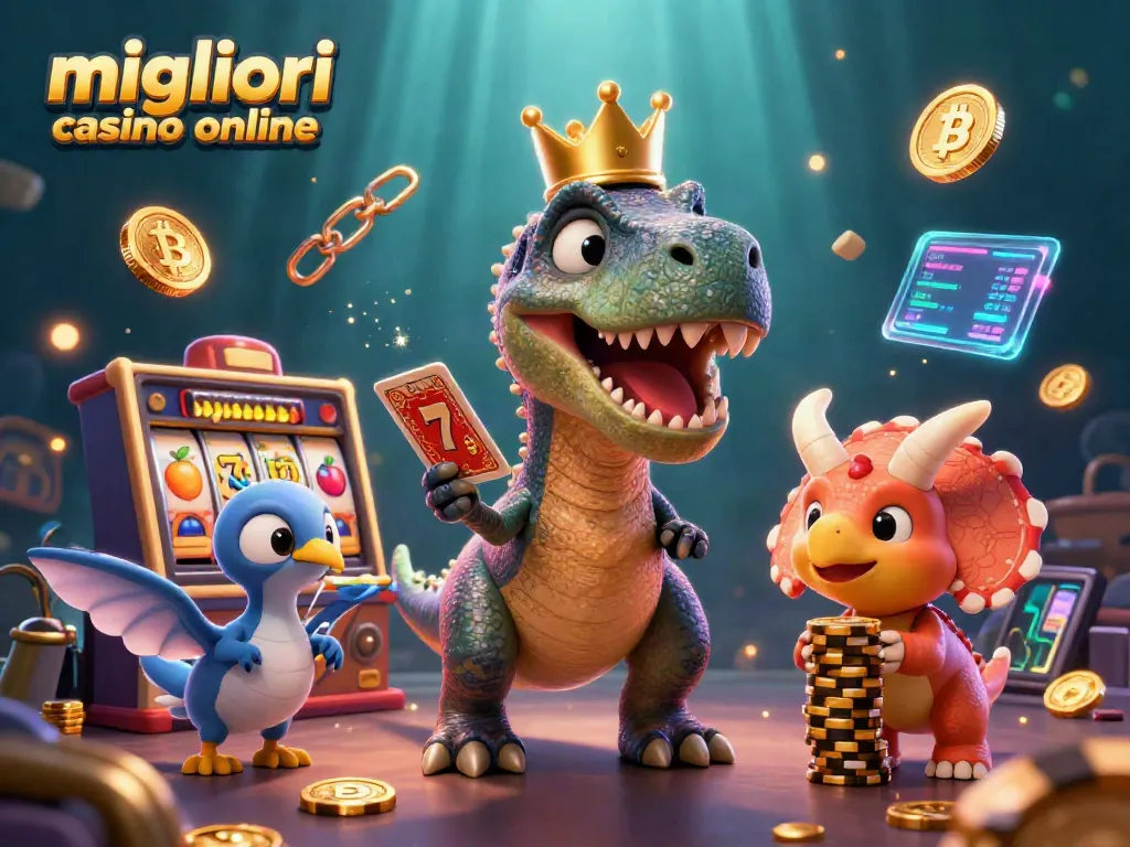 Scopri i migliori casino online mentre un T-Rex gioca a carte e un triceratopo impila fiches d'oro.