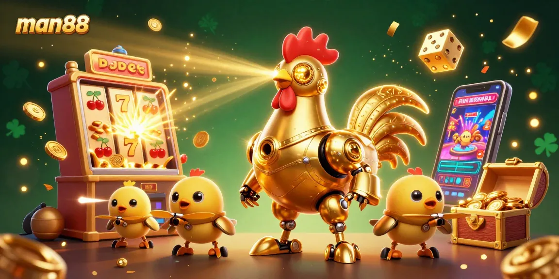 Win big with man88's thrilling casino games featuring a golden rooster robot and exciting jackpots!