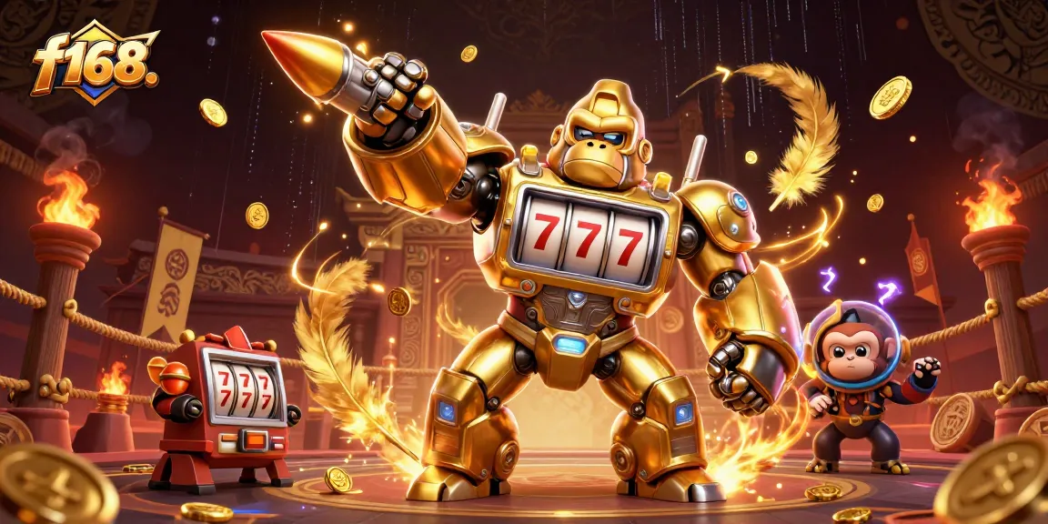 Engage in thrilling slots action at f168. with a golden gorilla mech bursting coins and excitement.
