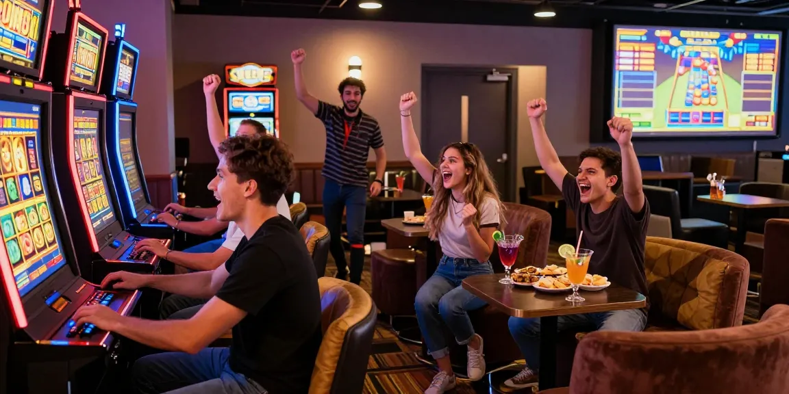 Exciting slot gacor gaming scene with diverse players celebrating a win in a vibrant lounge.