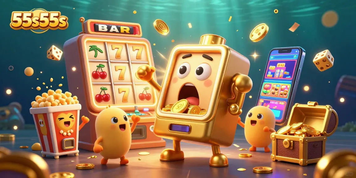 Celebrate with 55s55s as cartoon slots win jackpots amidst a vibrant casino scene!