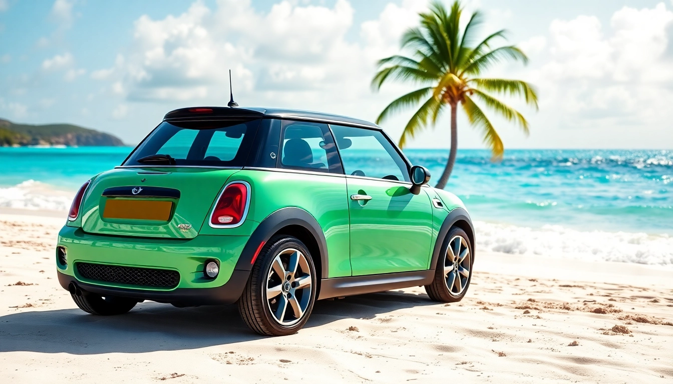 Experience the joy of st barths mini cooper rental with a vibrant car on a tropical beach.