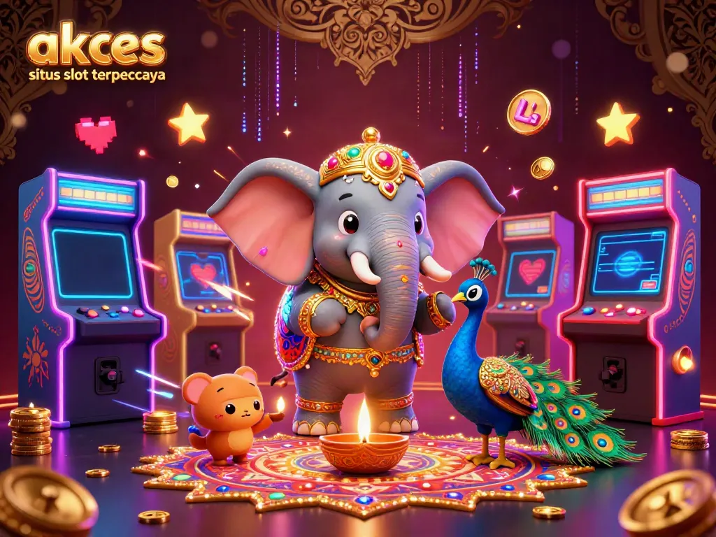Mengakses situs slot terpercaya sambil menikmati berbagai elemen kasino digital dan karakter 3D yang ceria.