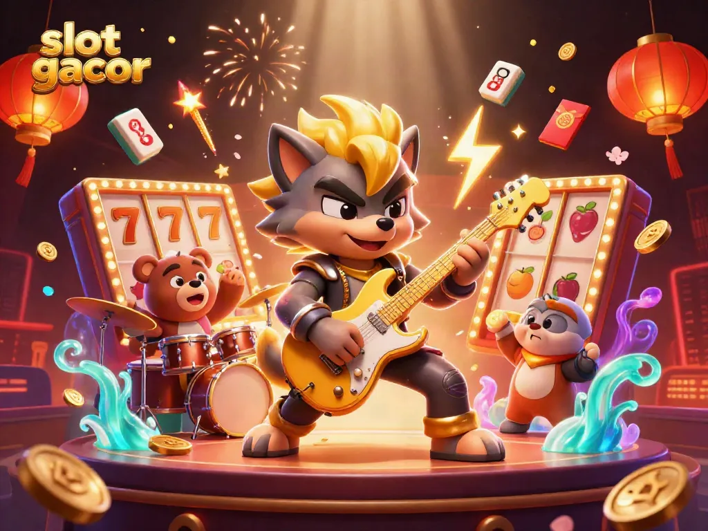 Experience slot gacor excitement as a rock star wolf performs in a vibrant casino scene.