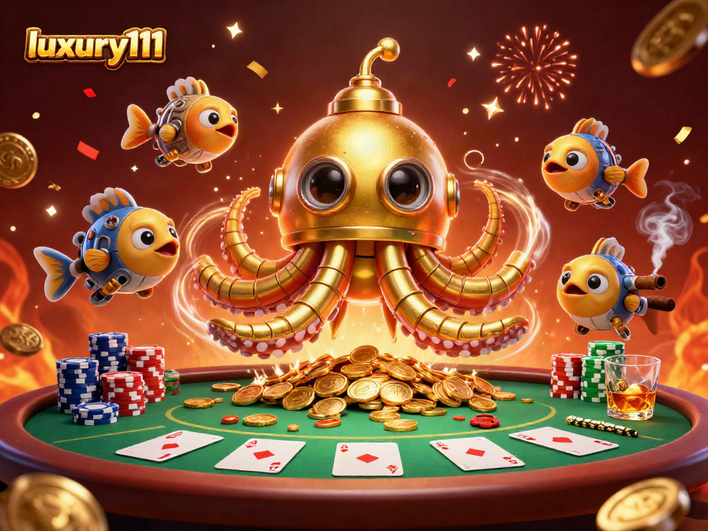 Experience the thrill of luxury111 with a vibrant 3D casino scene featuring a golden kraken submarine and poker elements.