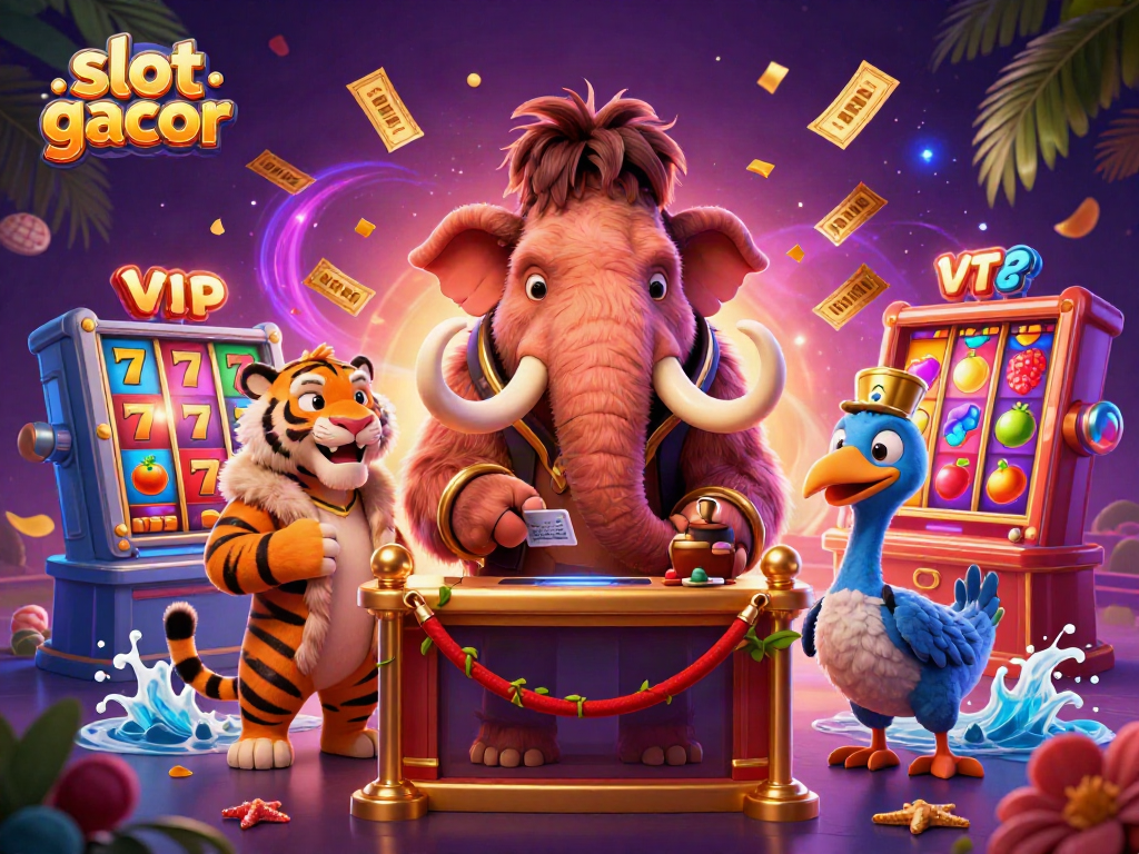 Ilustrasi 3D slot gacor dengan mammoth kasino, tamu VIP, dan doorman berinteraksi di lingkungan yang dinamis.