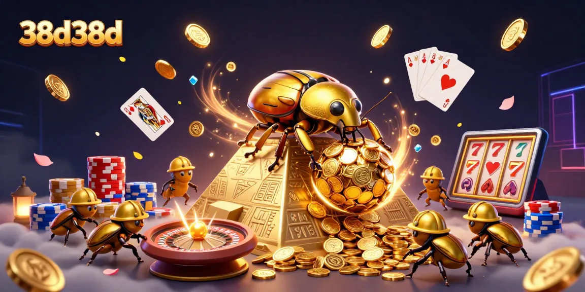 Ilustração 3D imersiva e rica de 38d38d com besouro dourado e símbolos de cassino.