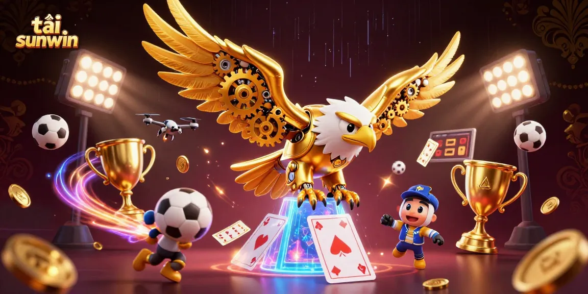 Experience the thrill of tải sunwin with a dynamic 3D rendering of cybernetic eagle and sports elements.