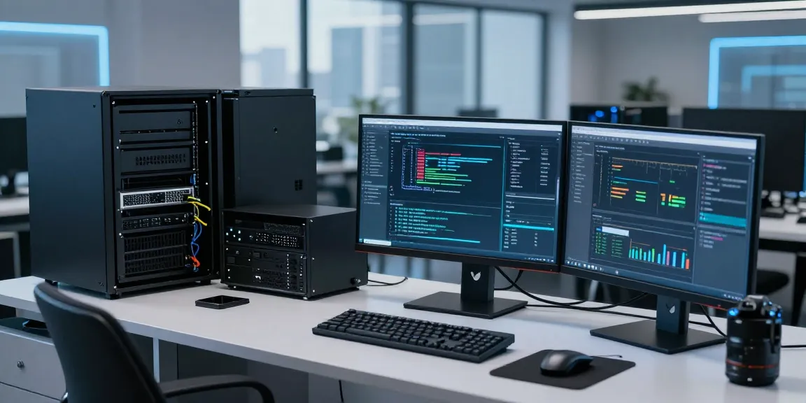 Lingkungan kerja profesional menampilkan pengaturan hypervisor dalam infrastruktur TI modern yang efisien.