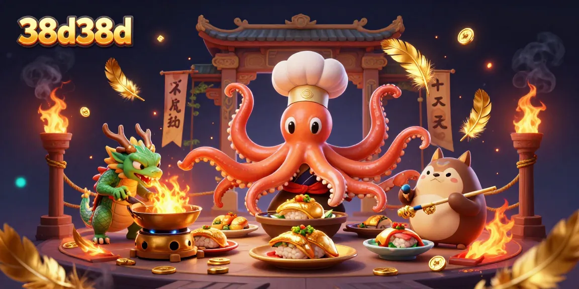 A vibrant 3D casino scene featuring 38d38d with an octopus chef, dragon, and tanuki amidst betting tokens and golden dishes.