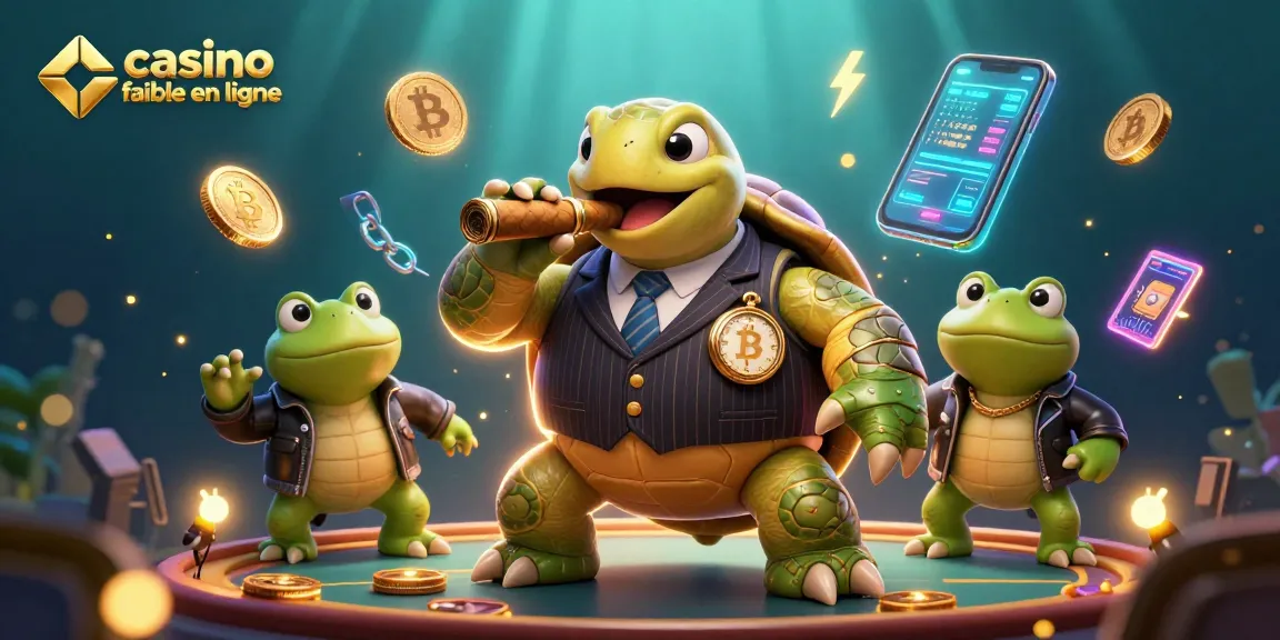 Illustration dynamique représentant un casino fiable en ligne avec une tortue humanoïde et des grenouilles en action.