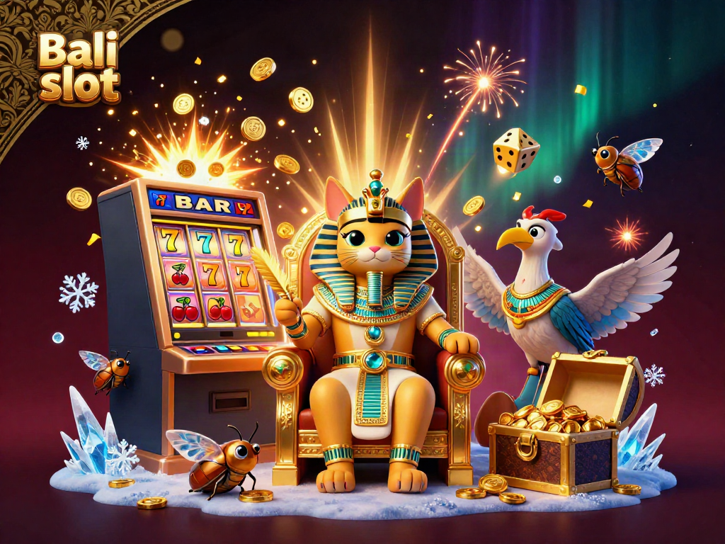 Bali slot stimulating illustration featuring a pharaoh cat, jackpot explosion, and dynamic casino symbols.